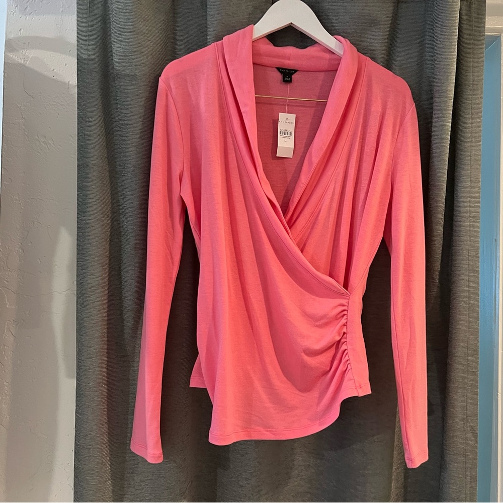 Ann Taylor Pink Wrap-Front Long Sleeve Top